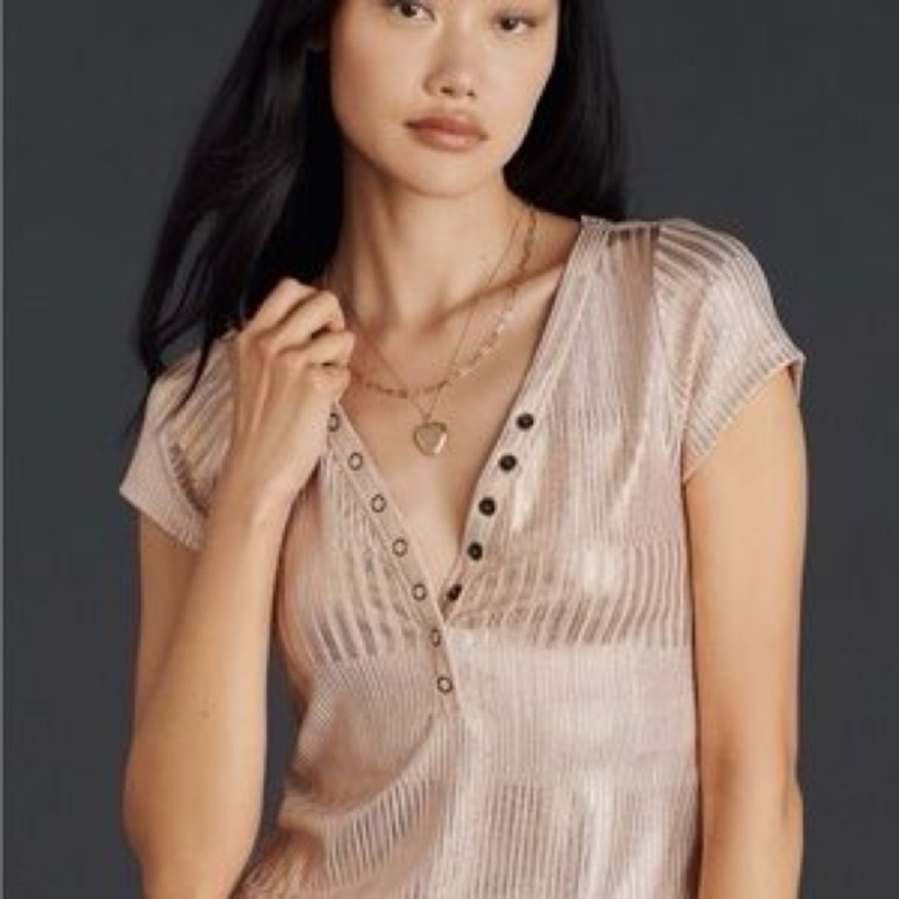 Anthropologie Metallic Blush Button-Detail Short Sleeve Top